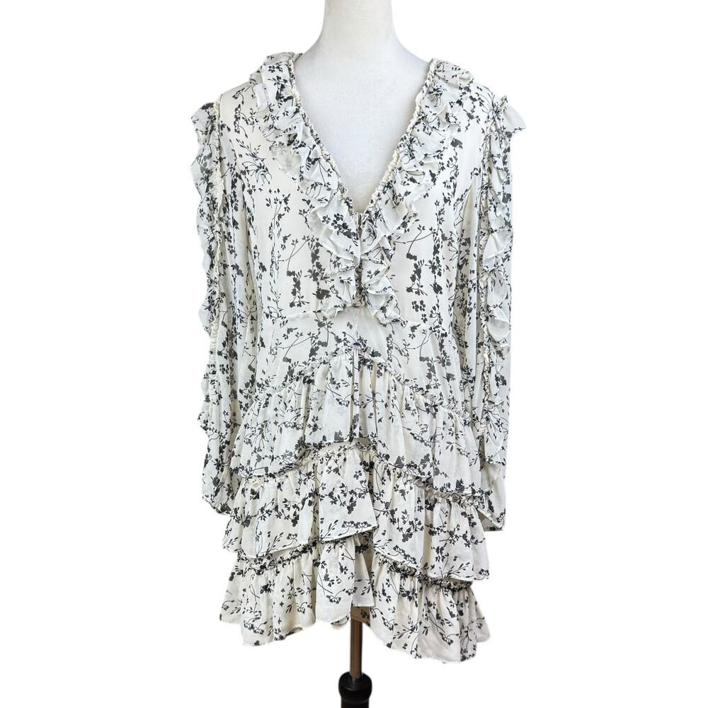Bardot 8 White Black Ruched Layered Ruffle Long Sleeve V-Neck Floral Dress